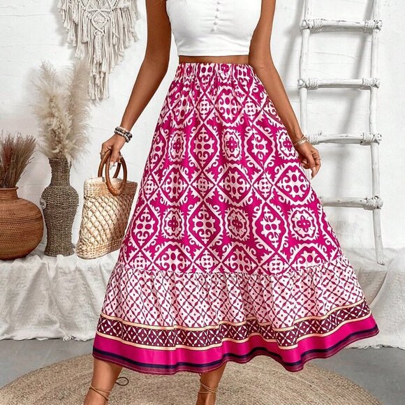 Hot Pink Boho Women's Colorblock Floral Print Ruffle Hem Skirt Maxi Outfit - Picture 7 of 8